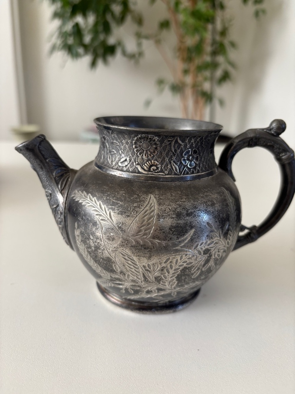Antique- Silver Tone Decorative Teapot - Ornate Bird Engraving